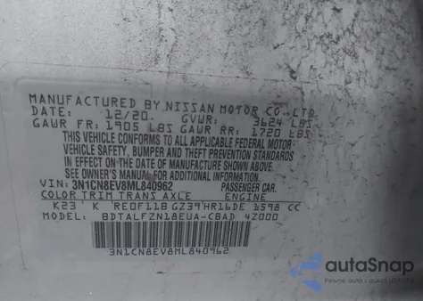 2021 Nissan Versa Sv Xtronic Cvt z USA, uszkodzony, nr VIN 3N1CN8EV8ML840962